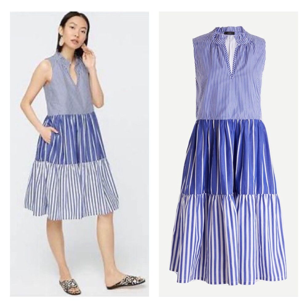 J. Crew Blue and White Striped Sleeveless Tiered Midi Dress